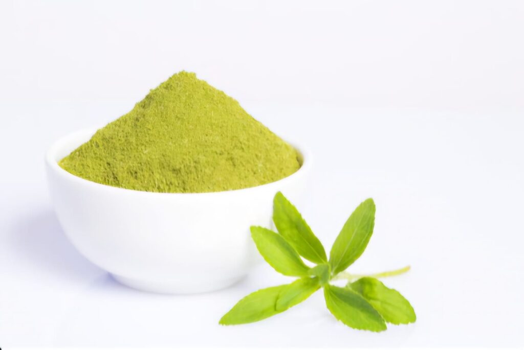 Stevia powder a natural calorie -free sweetener a component of Nutri-pure naturals herbal tea